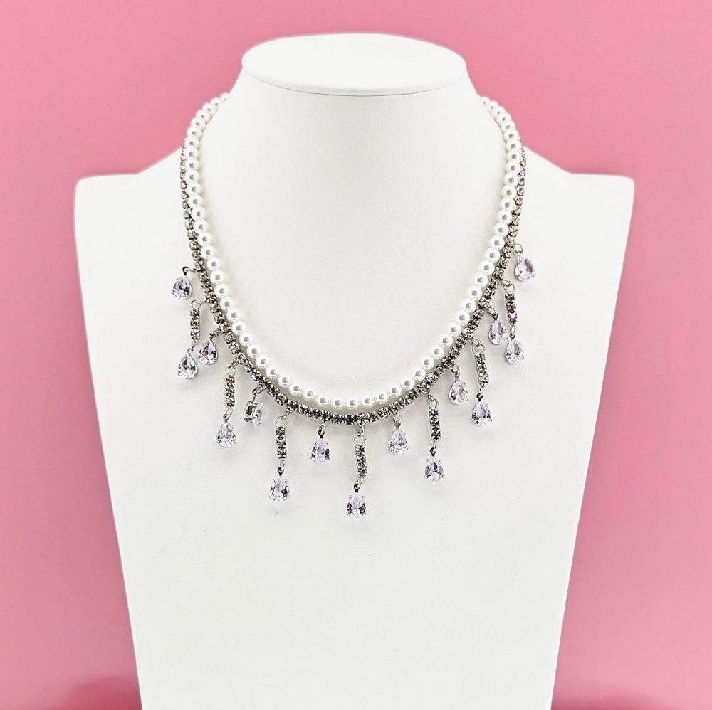 Kenneth Jay Lane Necklace 13" Silver Tone Layered Crystal Imitation Pearl Bridal